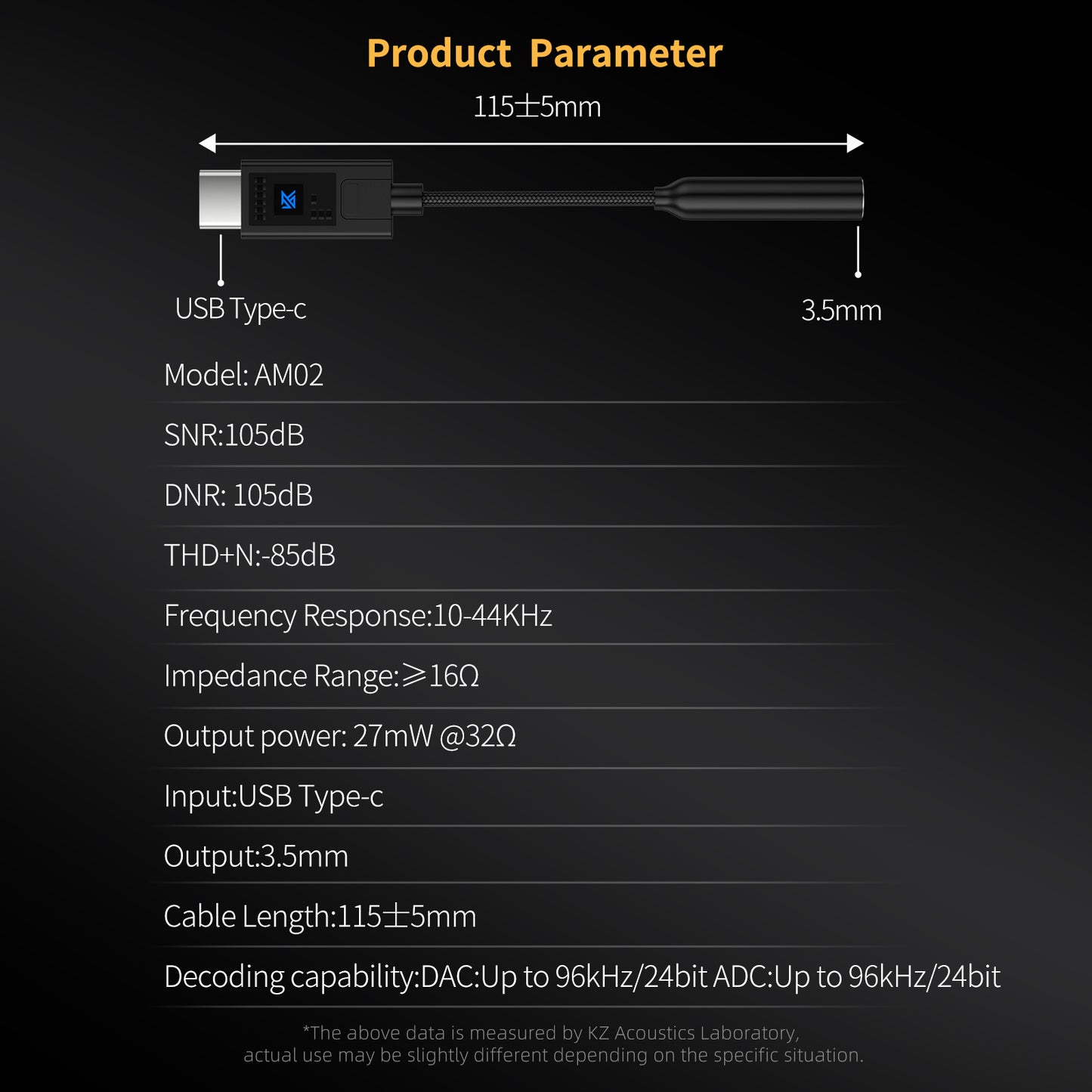 KZ AM02 Type-C Adapter 3.5 mm to Type-C with EQ adjustment High-definition decoding