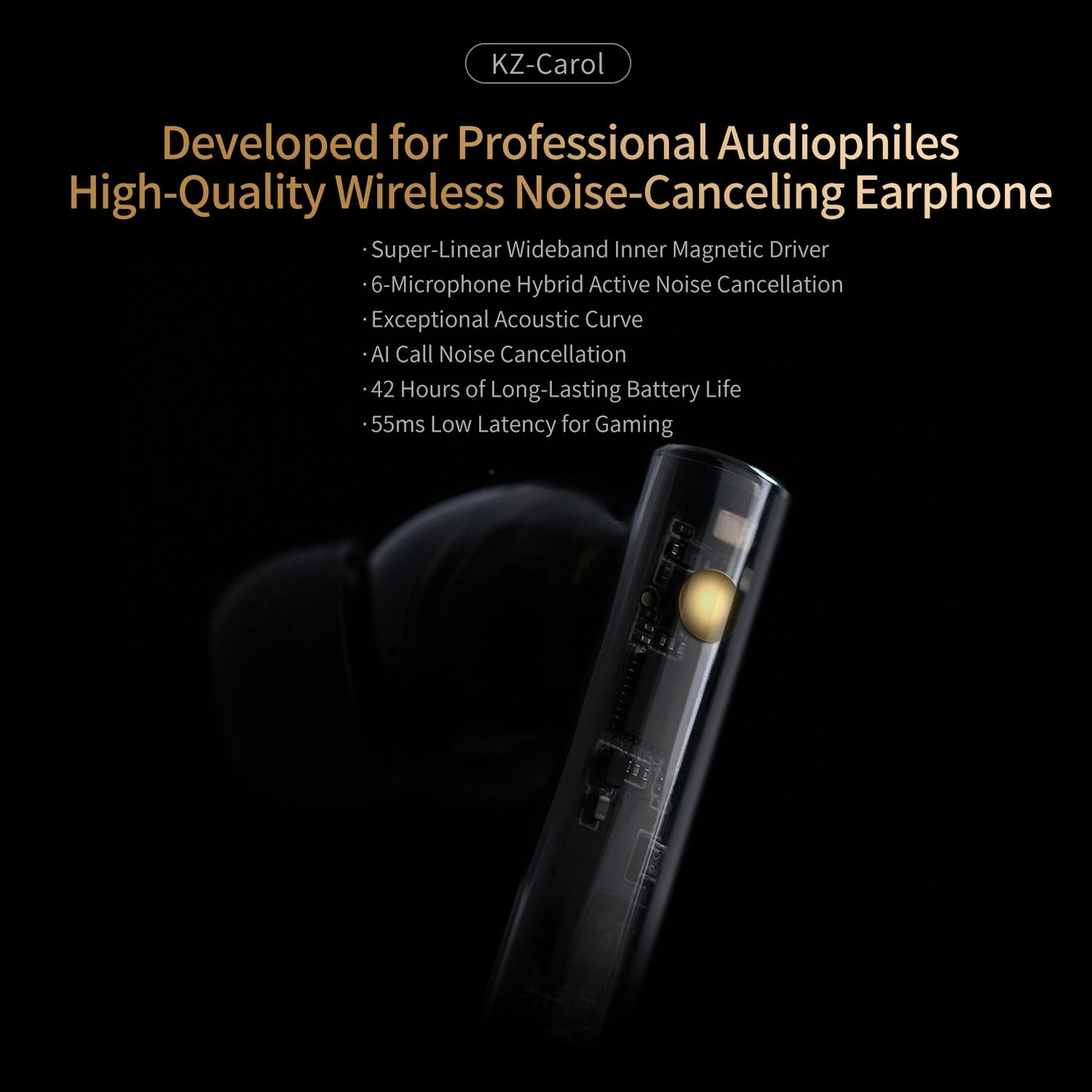 KZ Carol Wireless Earbuds  Active Noise Cancelling Built-in 6 Mic Bluetooth Earphones