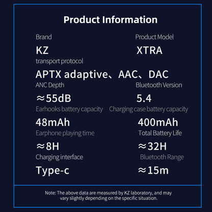 KZ Xtra Bluetooth 5.4 True Wireless Active Noise Cancelling Earbuds