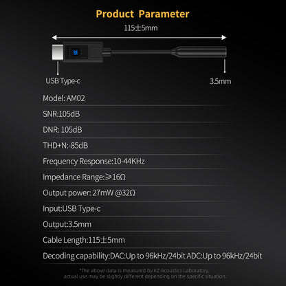 KZ AM02 Type-C Adapter 3.5 mm to Type-C with EQ adjustment High-definition decoding